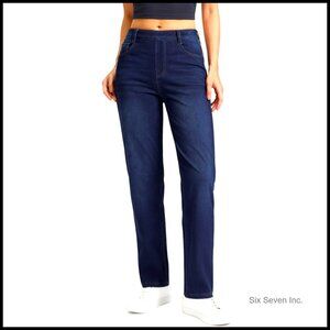 Stretchy Pull-On Straight Leg Jeans Tummy Control High Waisted Denim Pants